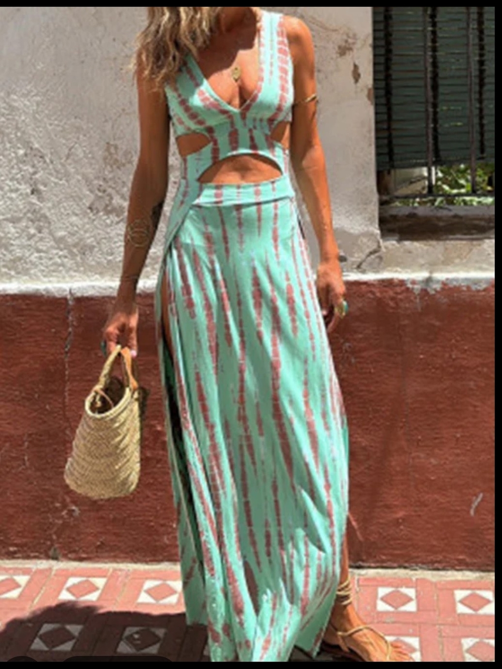 Boho Cutout Maxi Dress in Mint & Rust